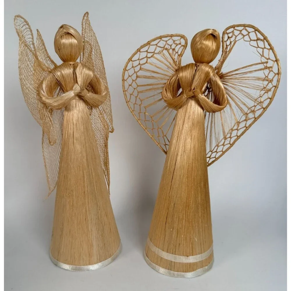Vintage Handmade Corn Husk Raffia Christmas Angels 10